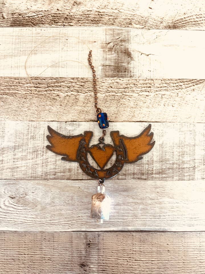 Winged horseshoe with Heart Horse Memorial Garden Bell for wholesale by Universal Ironworks USA