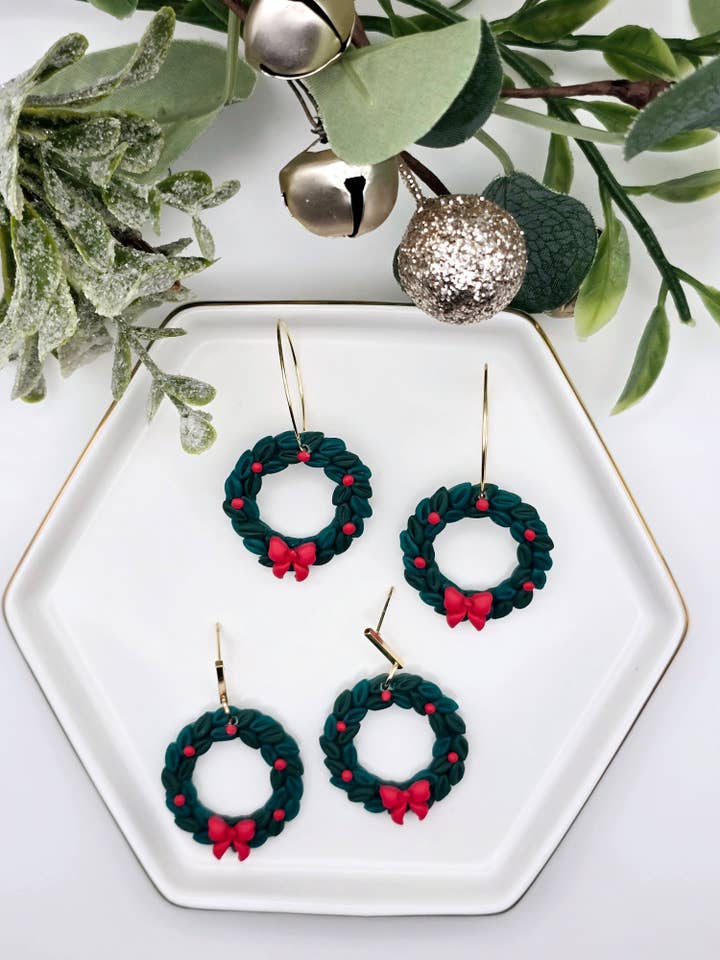 Christmas wreath earrings for wholesale by Beckys Creations