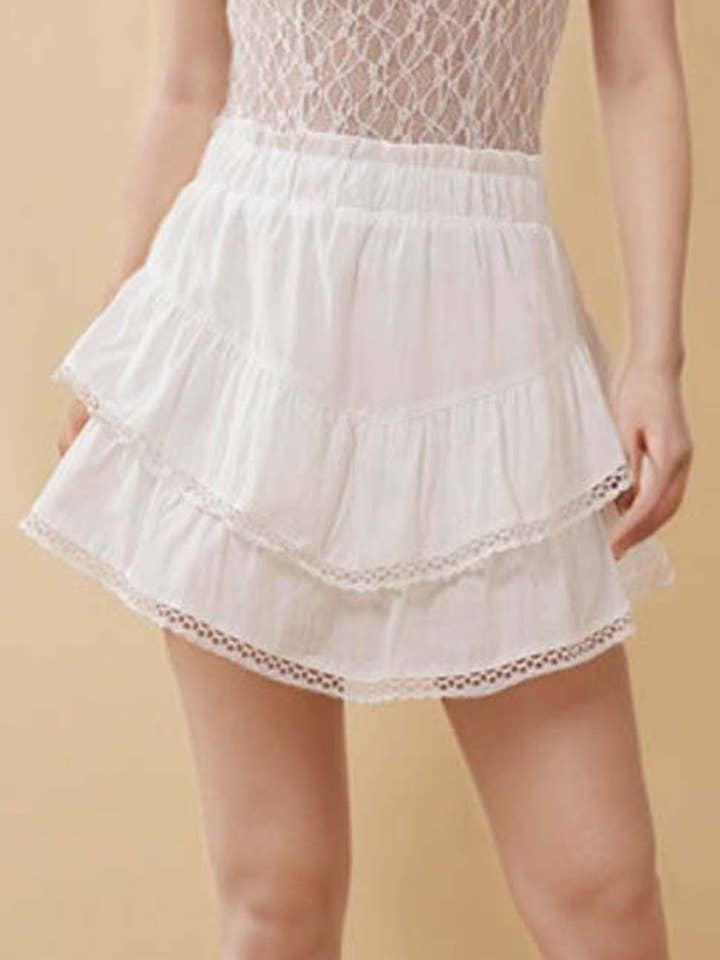 Ladies Solid Color Ruffle Eyelet Elastic Waist Mini Skort for wholesale by Sweetkama