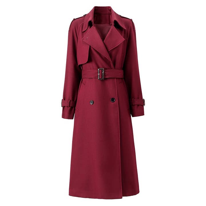 SY342 Burgundy Autumn Winter Long Trench Coat with Belt for wholesale by Sanyao Fashion
