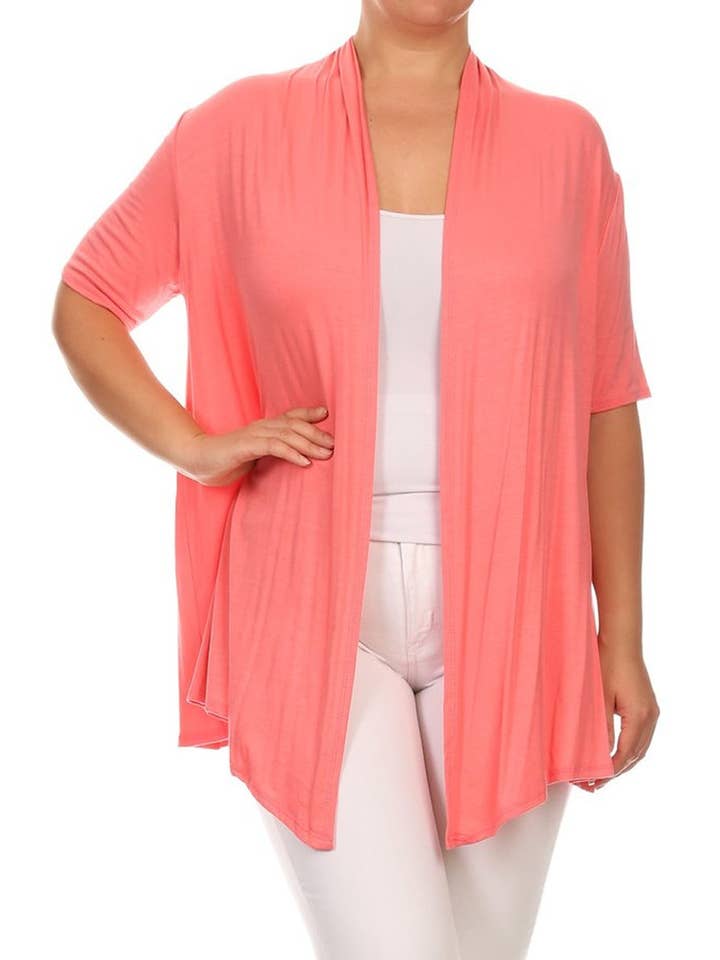 MOA COLLECTION - Wholesale Cardigan - Women's - Women's Plus Size Short Sleeves Draped Solid Cardigan8