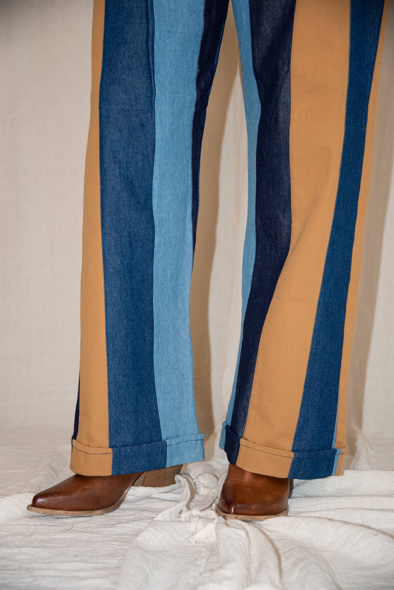 Gipcco Design - Wholesale Pants - Women's - Denim Striped Patchwork Pants – Straight Leg, Wide Fit2