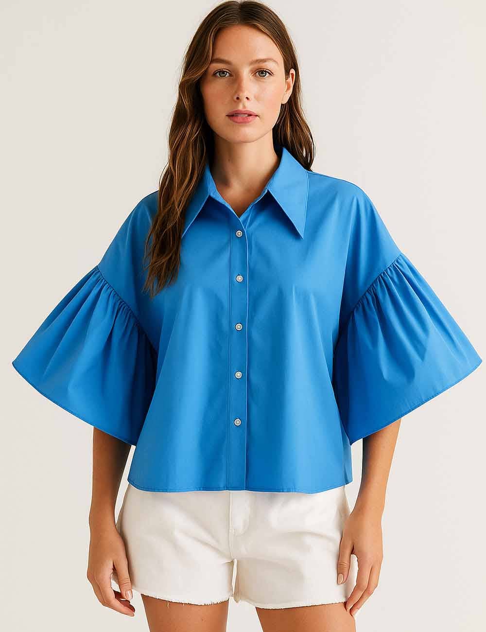 Sweetkama – wholesale Buttoned-down shirt – Women's – Ladies Striped Puff Sleeves Button Shirt SP06818