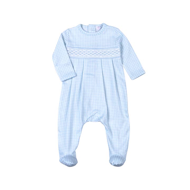 BGG-114 Blue gingham clsssic Pima Hand Smocked Footie for wholesale by Baby Loren