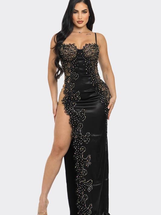 BDS63075 Satinblomstret Blonde Rhinsten Maxi Kjole for engroshandel hos BANJUL