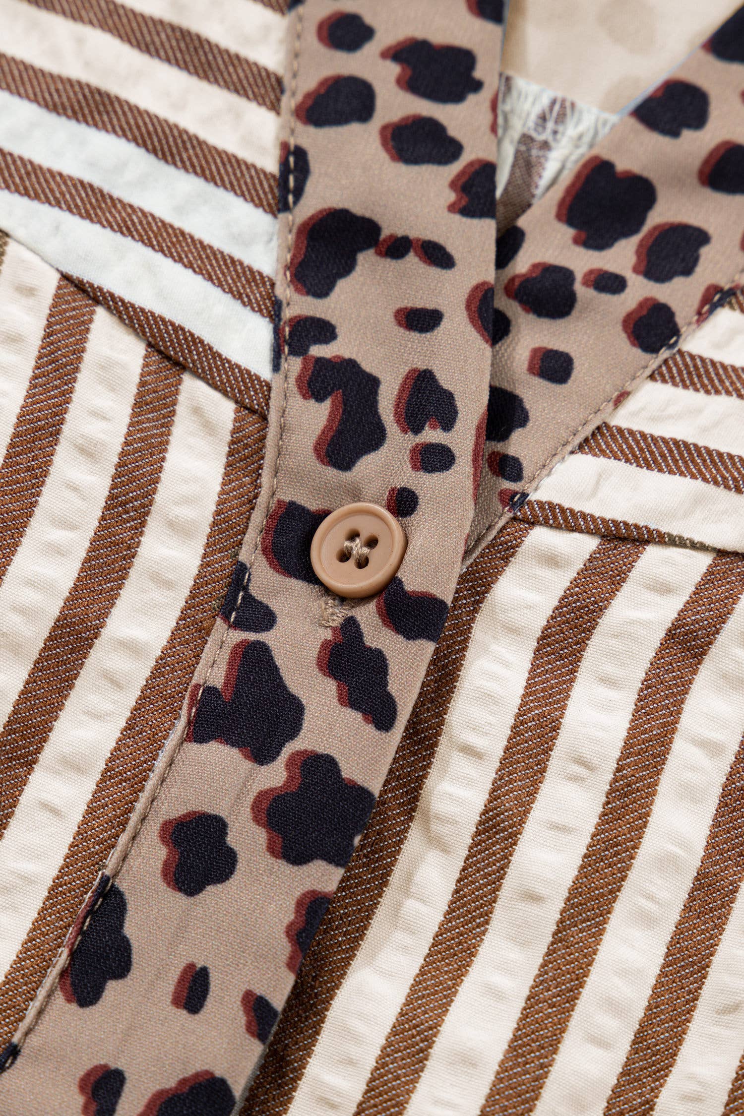 Brown Leopard Trim Button Down Stripe Half Sleeve Shirt (S-XL) for wholesale on Faire8