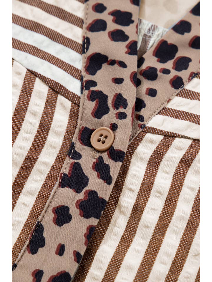 Brown Leopard Trim Button Down Stripe Half Sleeve Shirt (S-XL) for wholesale on Faire8
