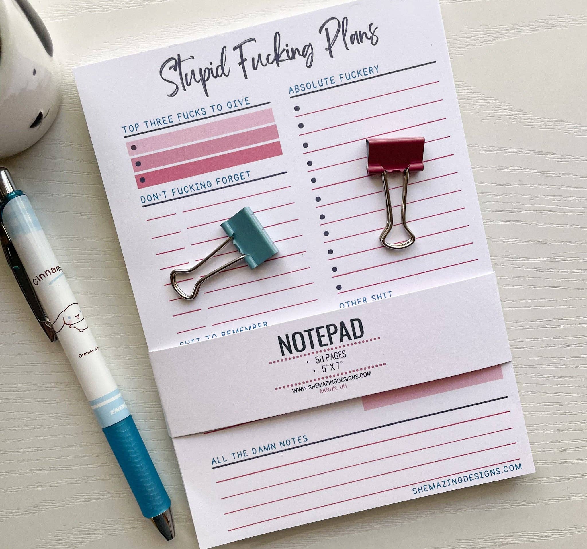 Shemazing Designs - Wholesale Notepad - Funny, Swear Notepad | Stupid Fucking Plans - 5x73
