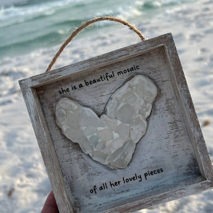 UnfiniSHEd - Wholesale Sign - Inspiration Mosaic Sea Glass Heart Art , Choose saying