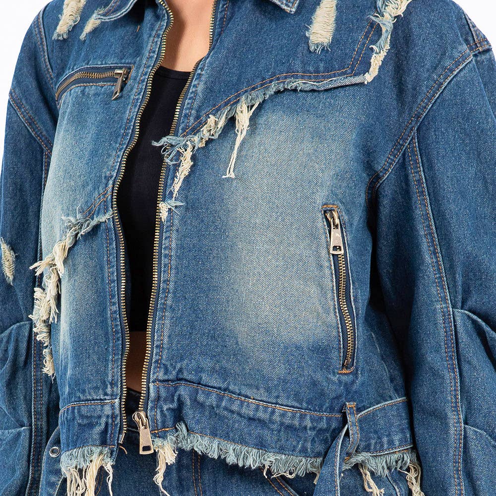 American Bazi – wholesale Jeansjackor – Dam – PLUS STORLEK SLITEN KANT LAPPTÄCKE JEANSJACKOR-RJK9468P3