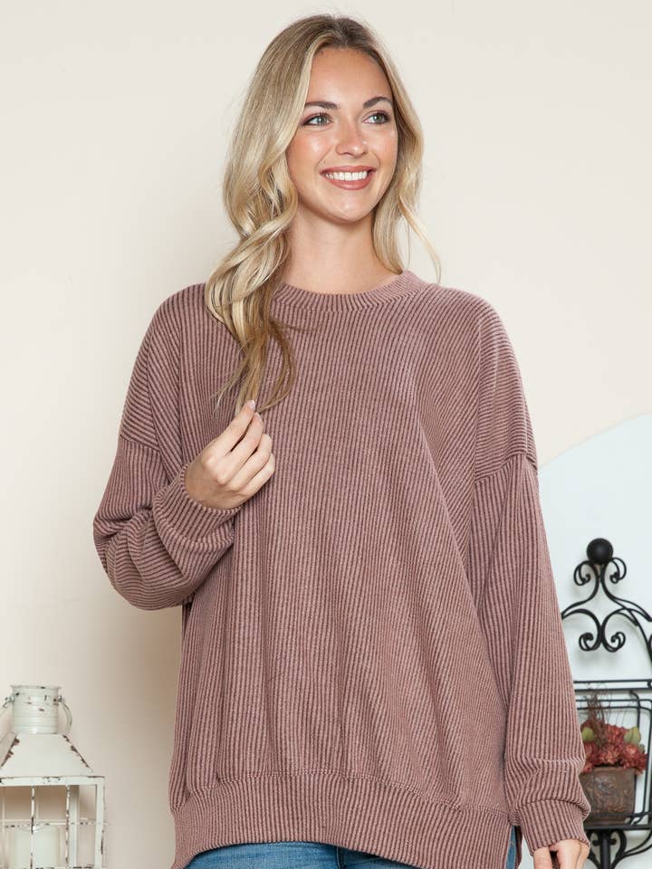 Burgundy Apparel - Wholesale Sweatshirt - Women's - BRUSHED WAVERIB OVERSIZED SWEATSHIRT SIDE SLIT