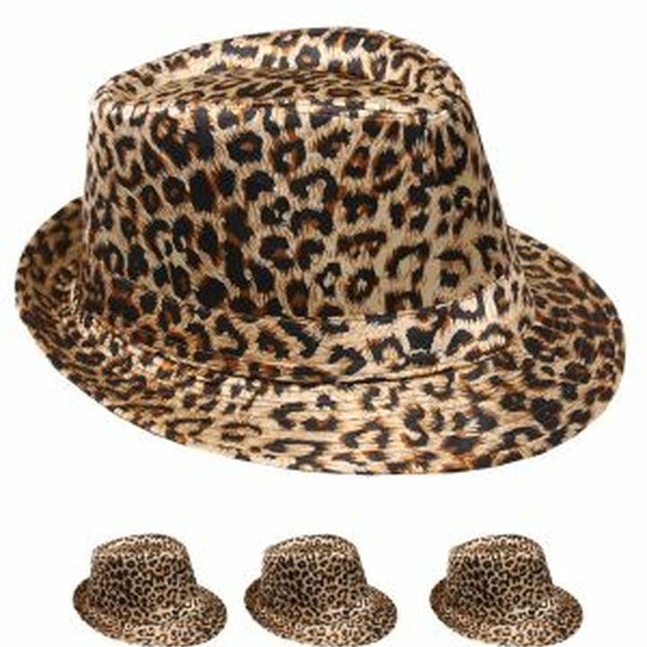 12 PACK Leopard Print Fedora Hats 1310LP Adult Size for wholesale by Private Island Party
