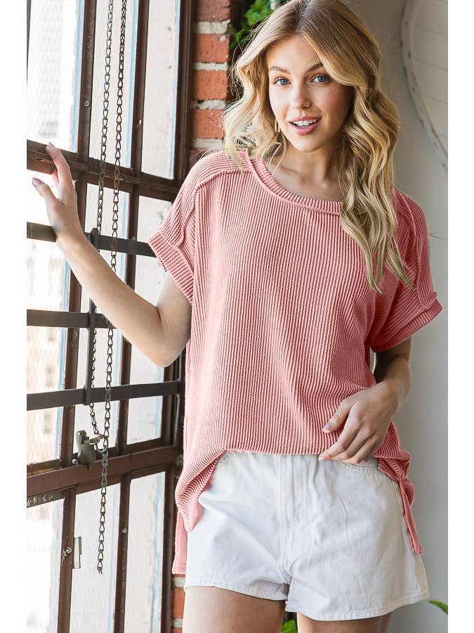 7th Ray - Wholesale Tunic - Women's - Solid Rib Drop Shoulder Side Slit Short Sleeve Top T5160