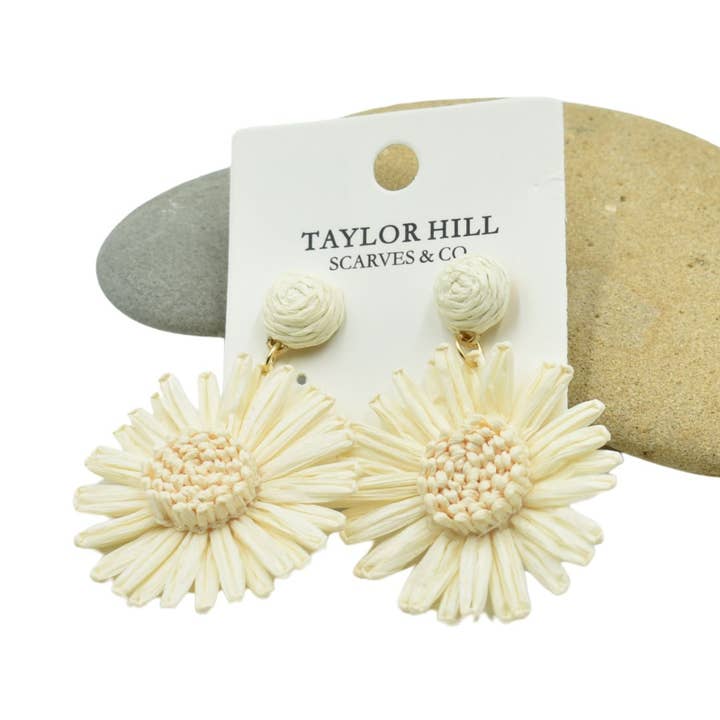 Taylor Hill Scarves & Co - Wholesale Stud/post earrings - THSE1098: Milk White: Raffia Flower Earrings1