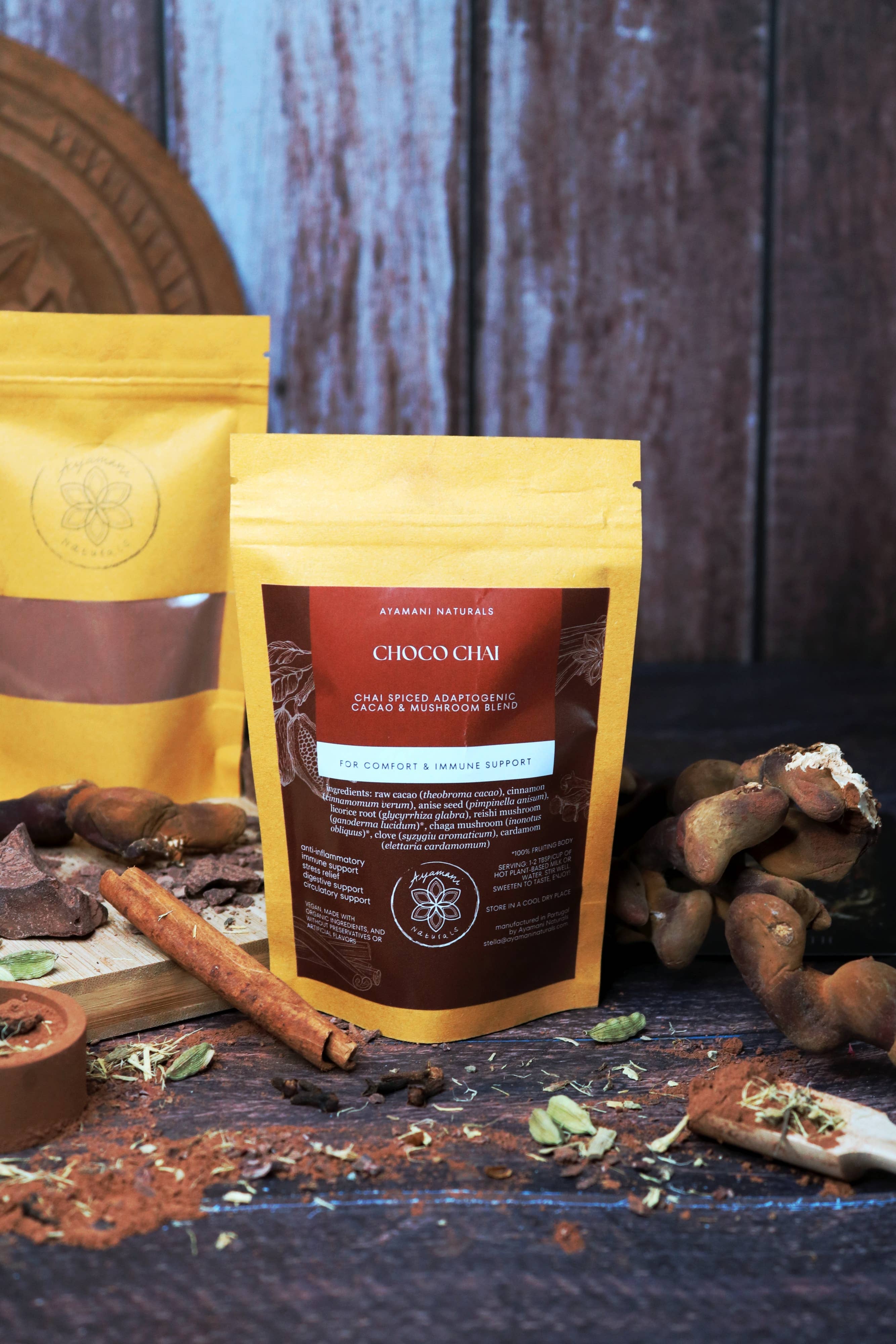 Ayamani Naturals - Vendita all'ingrosso Mix per cioccolata calda - Choco Chai | Cacao ai funghi, Reishi Chaga Chai per cioccolata calda1