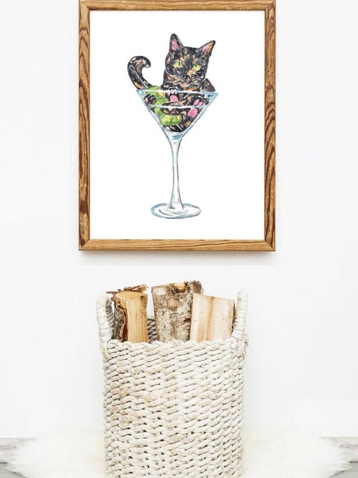 Cat drinking martini painting for wholesale by Goodfairyart