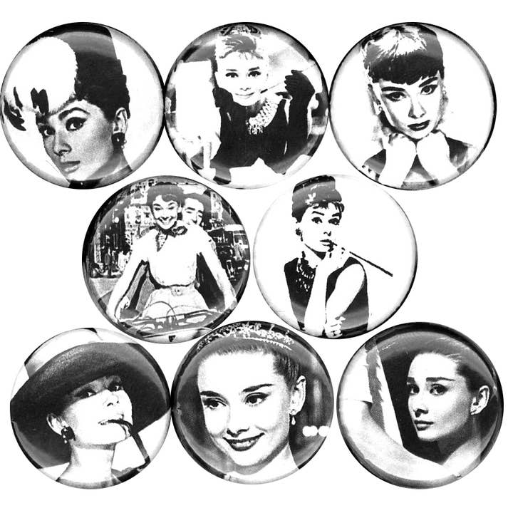 Audrey Hepburn x 8 1" inch (25mm) pins buttons Hollywood for wholesale by Pinbax Express
