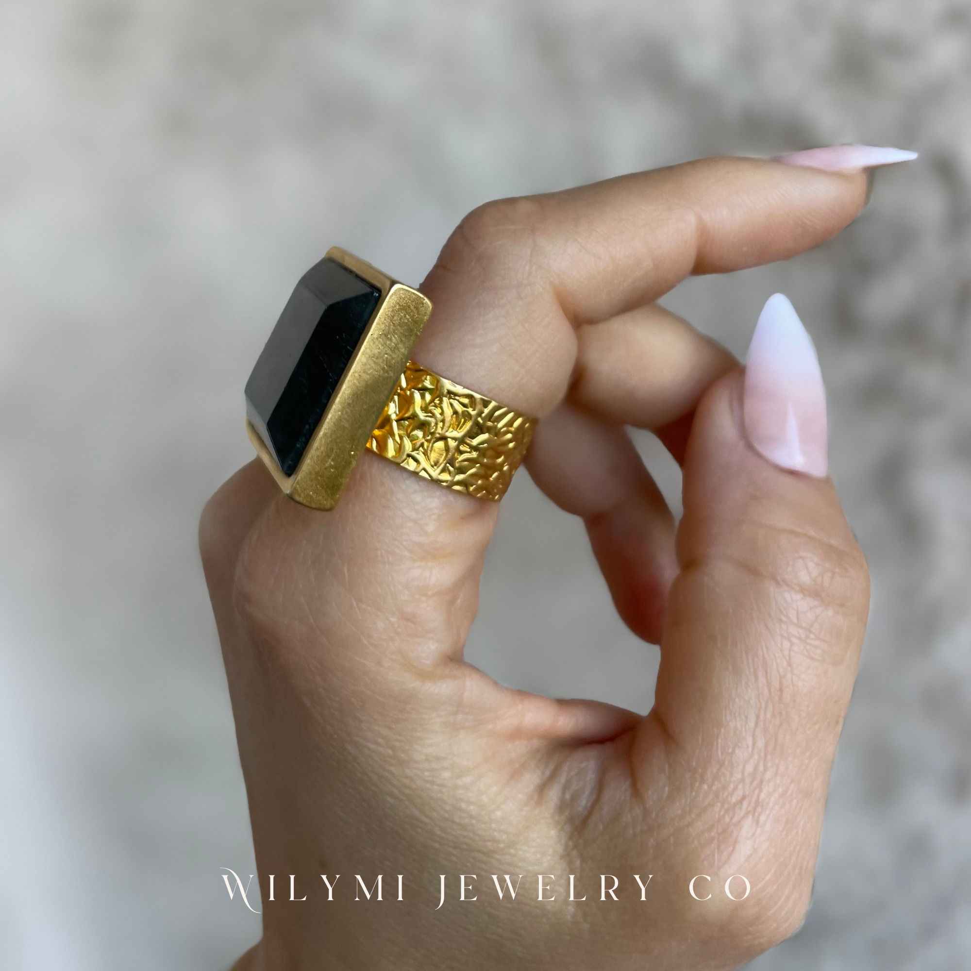 WILYMI Jewelry Co - Wholesale Cocktail/Statement Ring - PRESENCE Labradorite 20mm Square Cut | 24k GF | Adjustable7