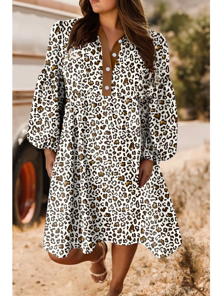 Khaki Plus Size Button Leopard Print Puff Sleeve Loose Mini Fall Dress for wholesale on Faire