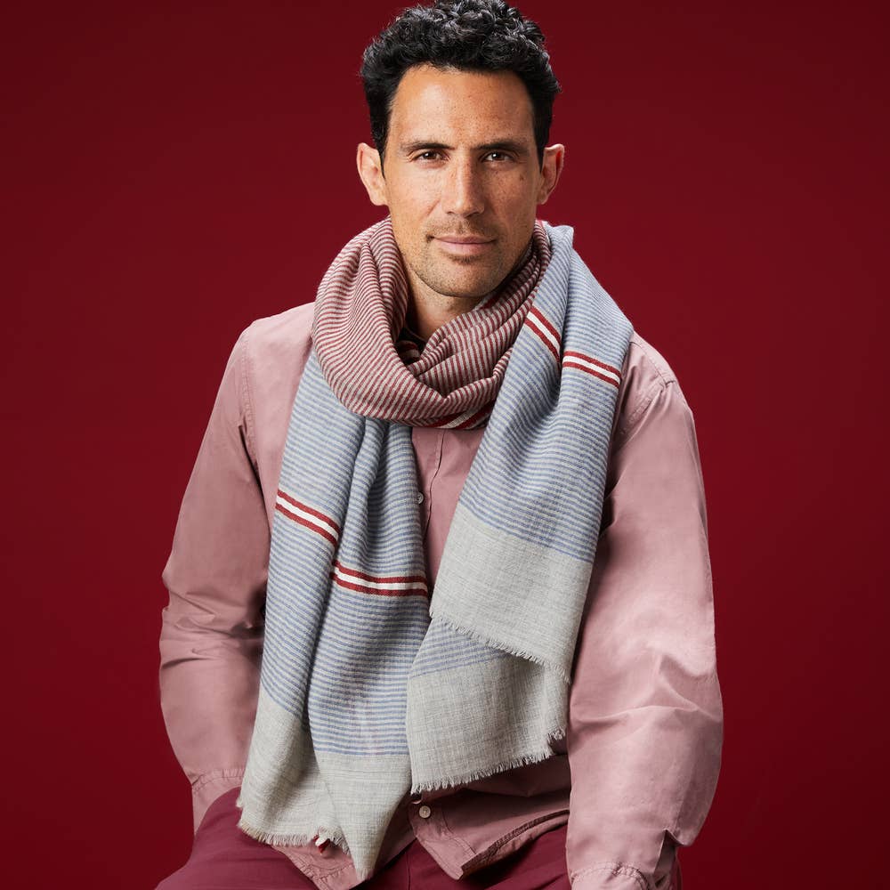 AV08 PARIS - Wholesale Scarf - Men's - MEN'S STRIPED SCARF GREY BLUE RED FINNHAMN – MERINO WOOL1