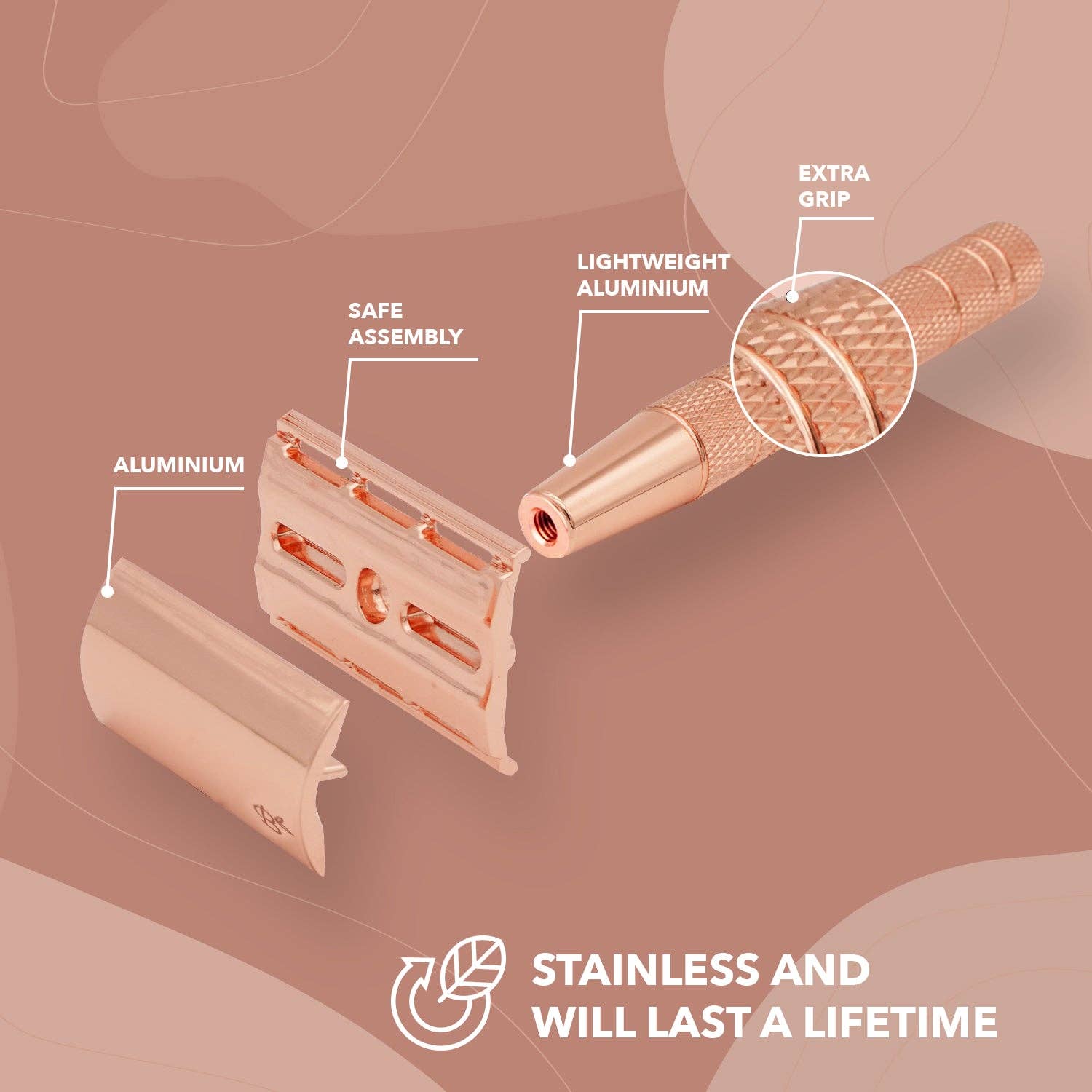 Bamboozy x Cosmeau - Venta al por mayor Maquinilla de afeitar - Afeitadora de seguridad de aluminio en color rosa dorado brillante4