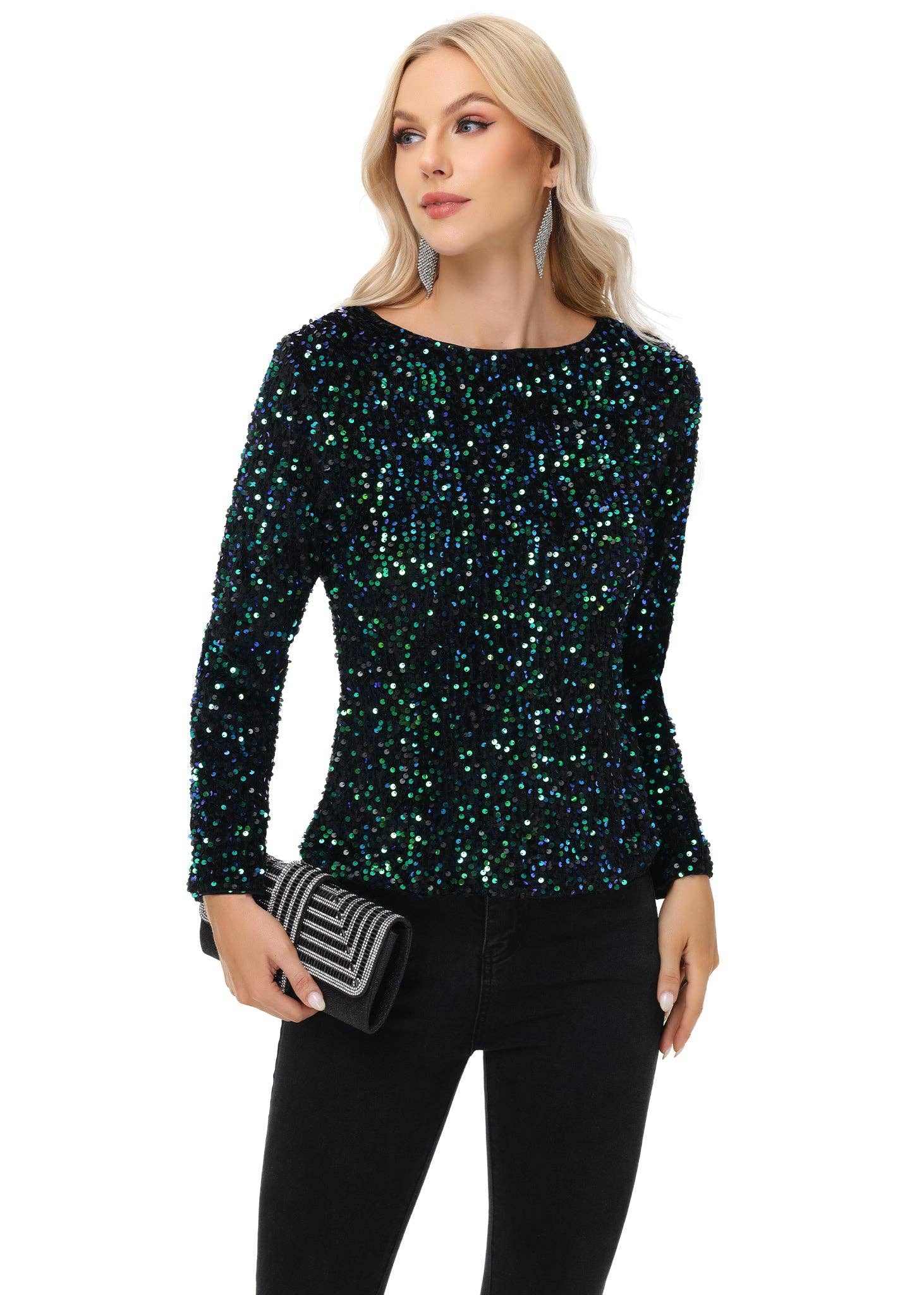Anna Kaci Wholesale - Wholesale Blouse - Women's - Long Sleeve Sequin Tops Sparkly Glitter Evening Party27