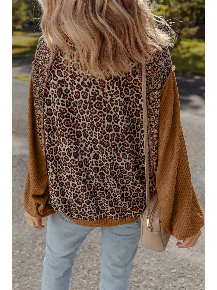 Brown Leopard Floral Patchwork Ribbed Puff Sleeve Top for wholesale on Faire1