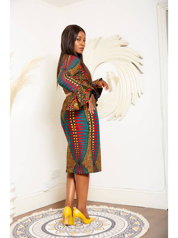 CUMO London - Wholesale Dress - Women's - African Print Long Sleeve Pencil Midi Dress - Otega4