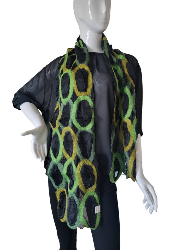 H166 Wool Felt & Silk Scarf Circles Green for wholesale by Evergreen Guardian Imports