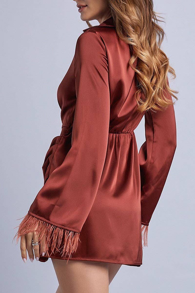 ROUSSEAU - Wholesale Dress - Women's - FEATHER SLEEVES WRAP MINI DRESS3