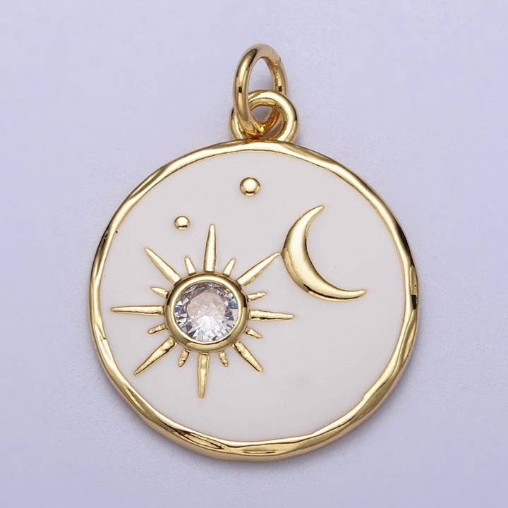 Aim Eternal - Wholesale Individual Charm/Pendant - 14K Gold Filled White Enamel Celestial Sun Crescent Moon Round Coin Charm E-6510