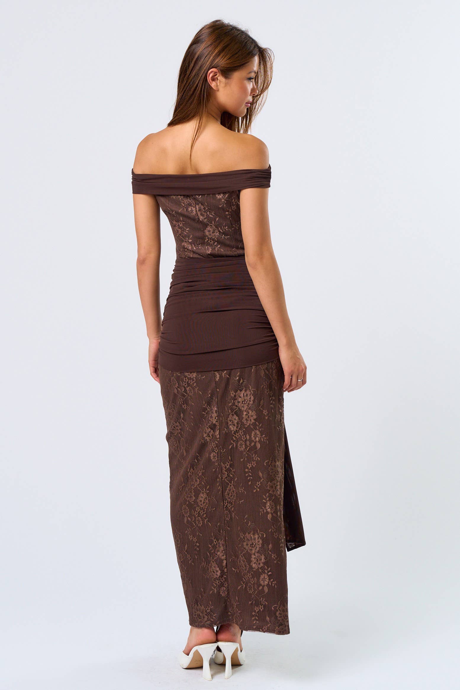 Brown Lace Tube Off-the-Shoulder Midi Dress for wholesale on Faire2