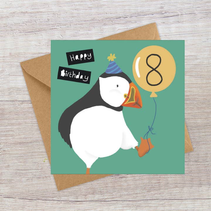 Age 8 Birthday card - Cute Puffin for wholesale by Lucy Driver Illustration