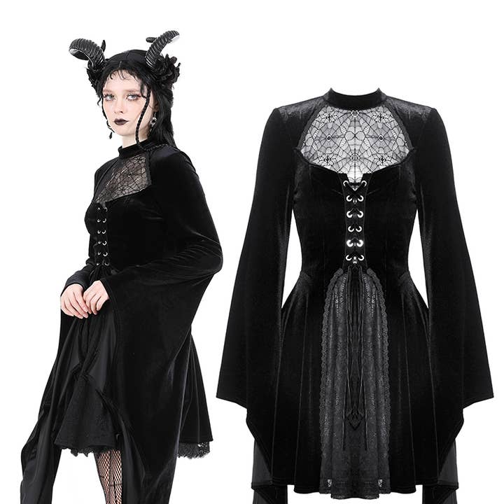 SPIDER WEB BELL SLEEVE VELVET DRESS for wholesale by Western Fashion