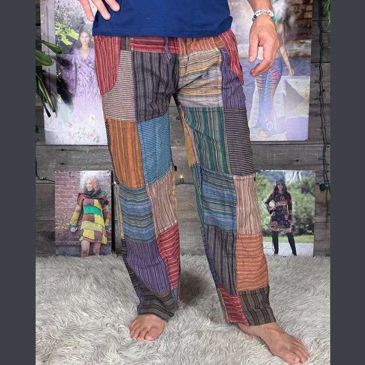 Jayli Clothing - Wholesale Pants - Men's - Striped Patchwork Zipper Pocket Pants Elastic Waist Hippie5