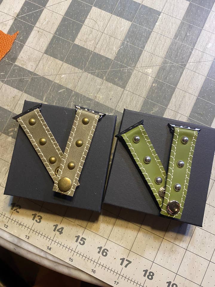 Handcrafted Olive Leather Apple Watch Band with Rivets for wholesale by Rebecca Malcom LeatherWorks