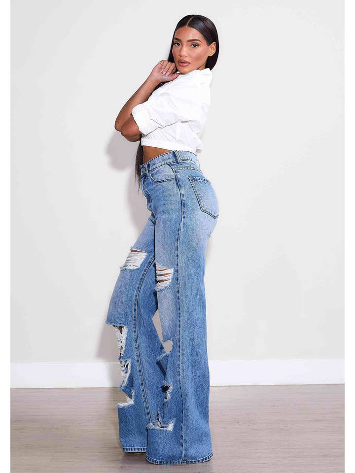 Medium Stone High-Rise Distressed Wide Leg Jeans for wholesale on Faire2