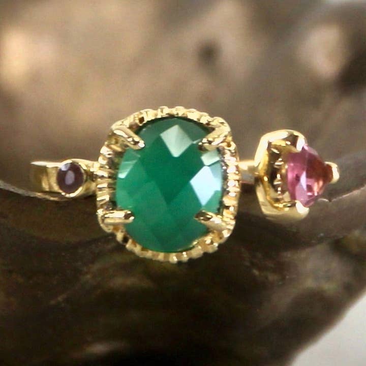 Secret Garden Pink Tourmaline & Green Onyx Ring for wholesale by Veluna