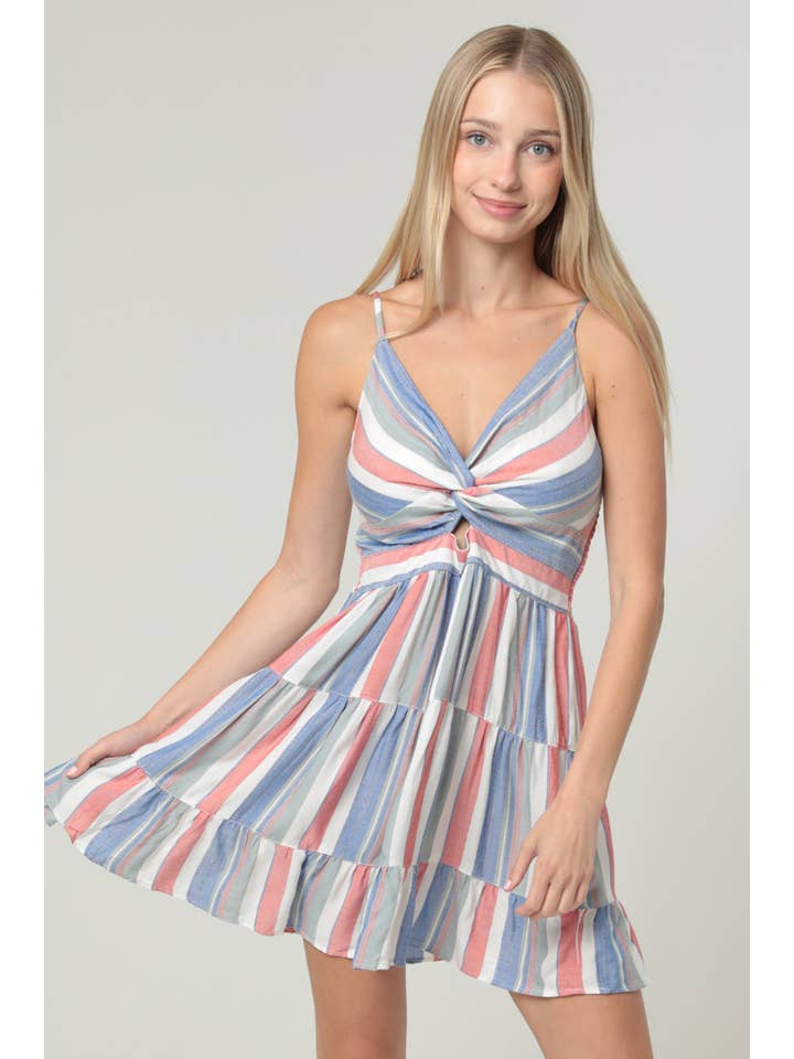 ANGIE – Engroshandel Kjole - Dame – C4143-PAN51 STRIBET SOLKJOLE MED V-HALS MED SNOET FORKANT