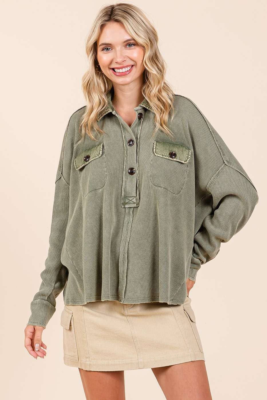 mittoshop - Vente Chemise à col boutonné – femme - HAUT HENLEY À COL GAUFRÉ DÉLAVÉ MINÉRAL16