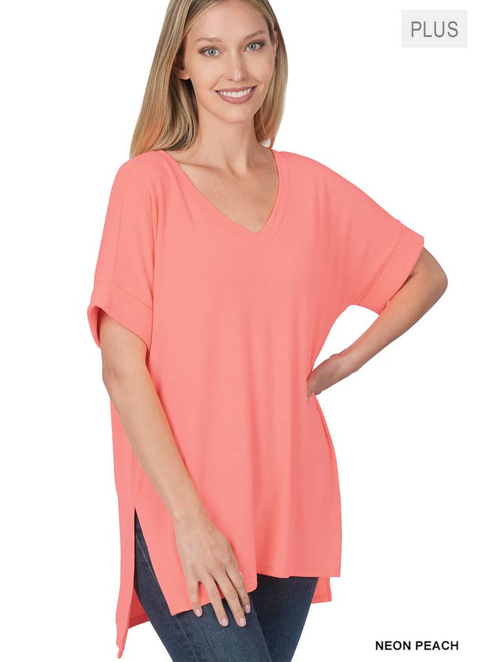 OLIVEMUSTARD `.Plus size V Neck Top w/ side-slit for wholesale on Faire25