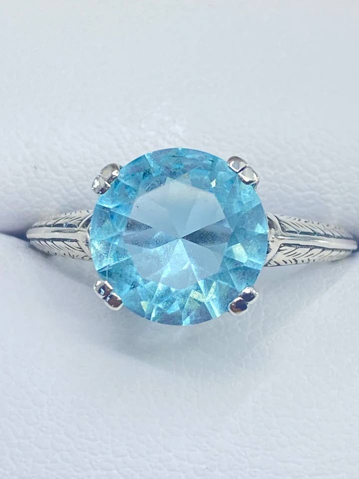 Aquamarijn Ring, Maat 7, Knopring, Art Deco 1930's Stijl Sieraden, #D12 - Klaar om te Verzenden voor wholesale door Silver Embrace Jewelry
