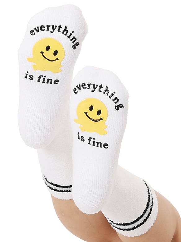 Fuzzy Crew Socks w/ Bottom Grip Phrase- "Everything is Fine" for wholesale by Living Royal