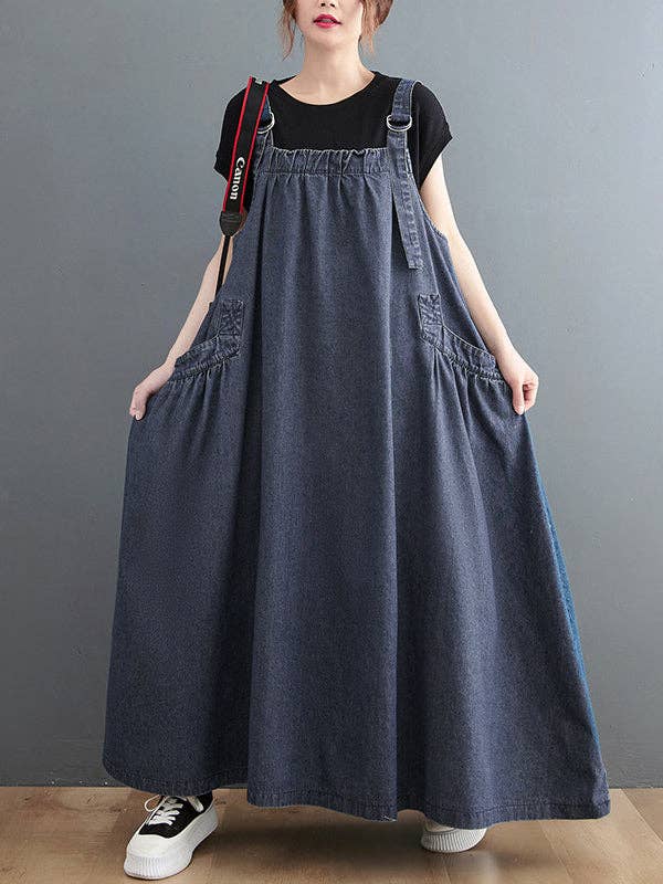 BLUE Vintage Loose Artistic Retro Solid Color Strap Denim Midi Dress for wholesale on Faire