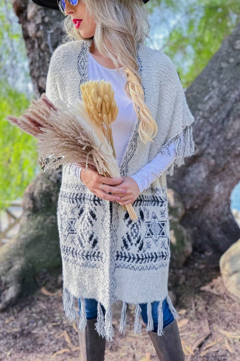 Ivory Aztec Western Tassel Trim Eyelash Knit Cardigan for wholesale on Faire4