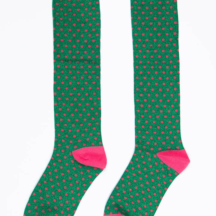 Women's Knee High Glitter Socks - Green/Pink, Polka Dots for wholesale by Sock Talk