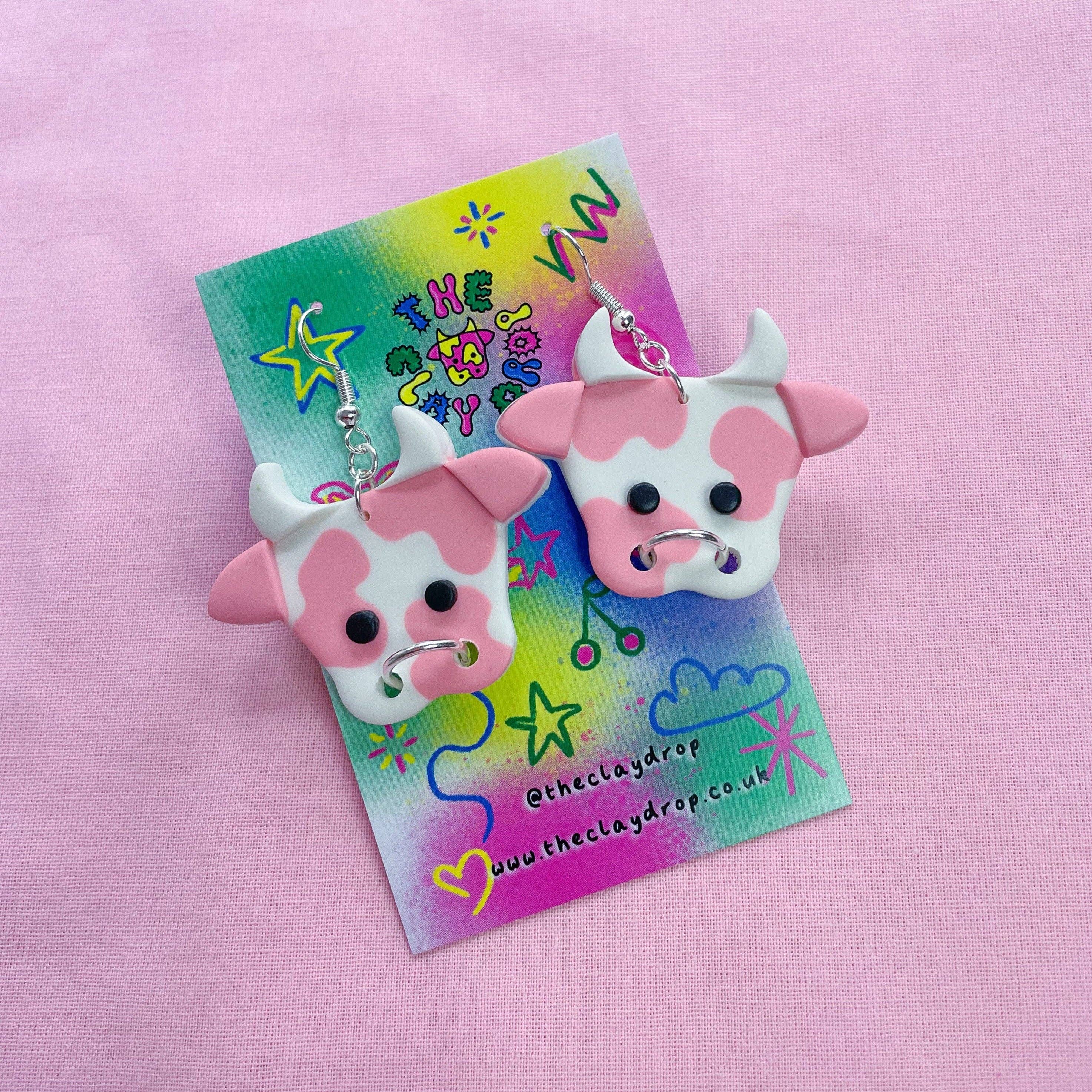 The Clay Drop - Wholesale Dangle Earrings - Pink & White Cow Polymer Clay Earrings - 2 Sizes1