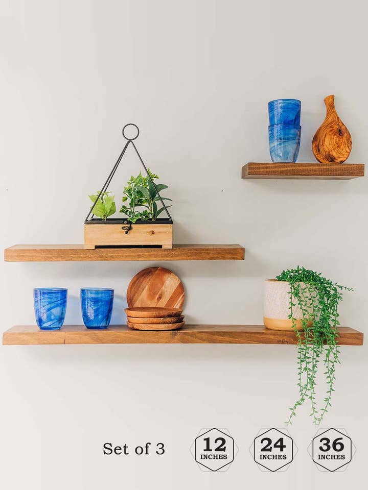 The Alice (Light Walnut) - Floating Shelves, Rustic Wood Shelves Wall Mounted - Set of 2 Wall Shelves for Bedroom, Bathroom, Family Room, Kitchen, Office – Smart Mounting Brackets - (1) 36 x 6 x 1.5 - (1) 24 x 6 x 1.5 inches - (1) 12 x 6 x 1.5 inches for wholesale by Willow and Grace Designs Inc