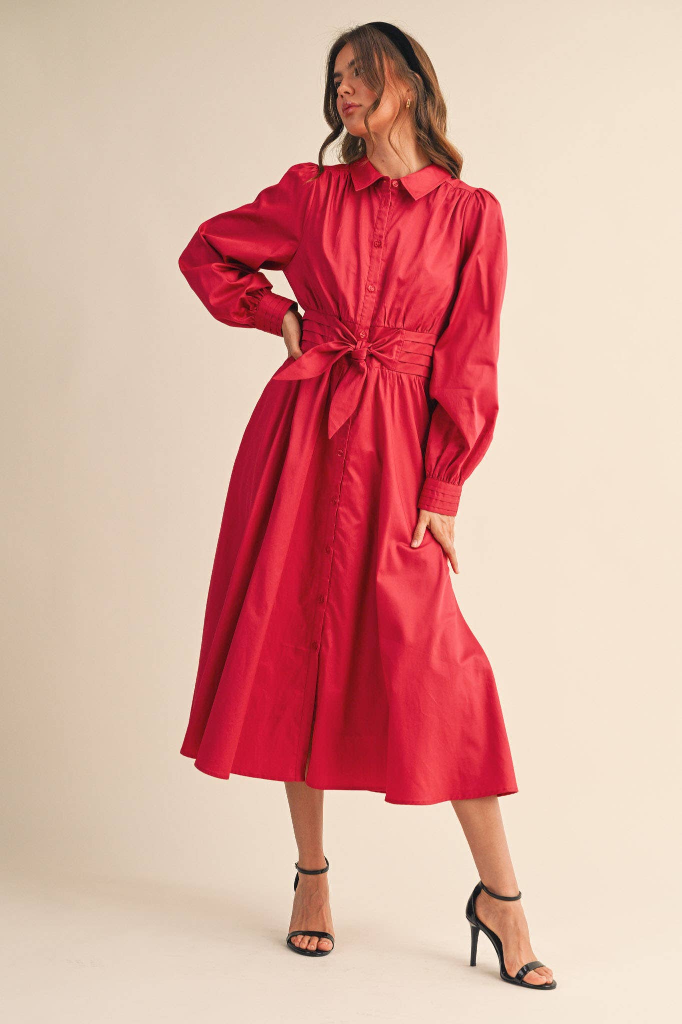 &MERCI - Wholesale Dress - Women's - PINTUCK WAIST TIE FRONT MIDI DRESS MDR421927