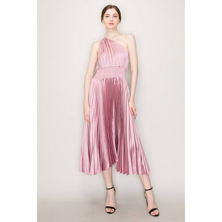 INA - Wholesale Dress - Women's - One-Shoulder Double Strap Pleated Satin Dress7